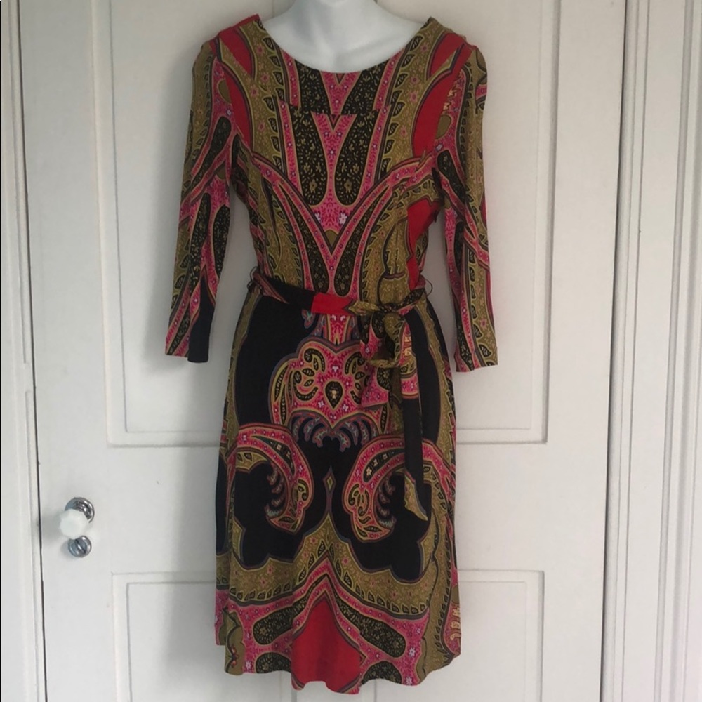 Etcetera by Carlisle Red, Black & Gold Paisley Knee Length Dress Sz 6 w Belt
